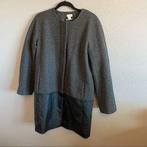 J Crew collarless dress coat with vegan leather panel